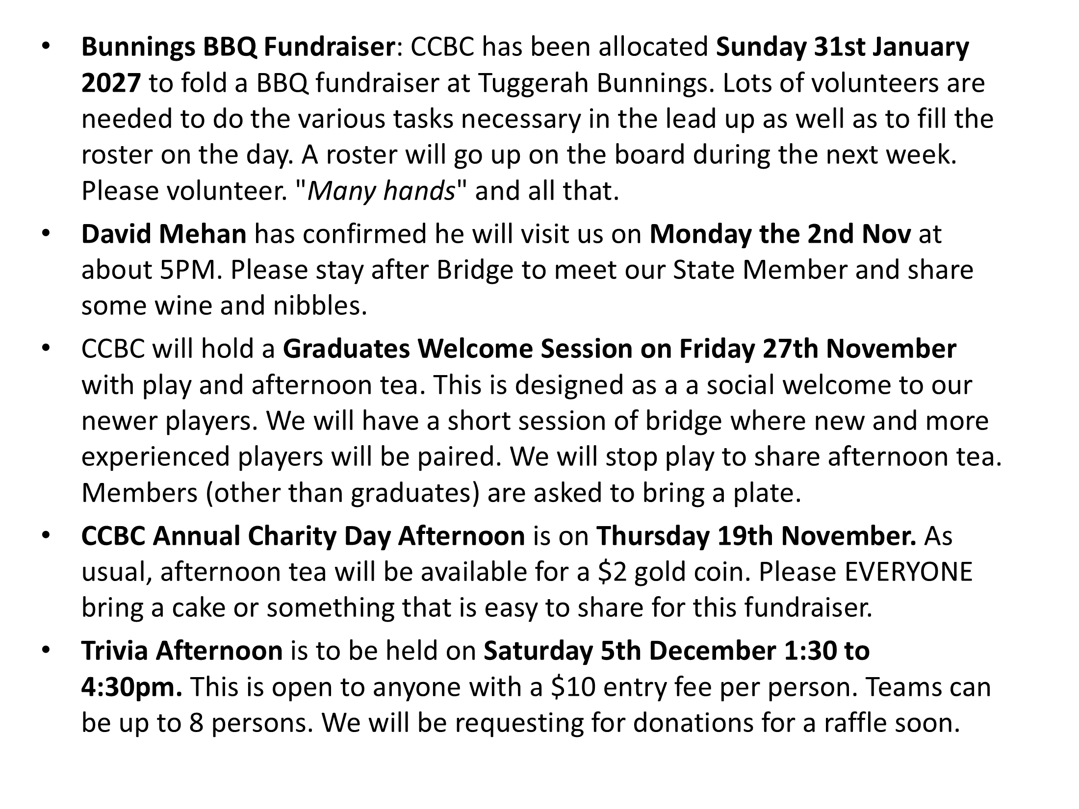 Dates for your Diary